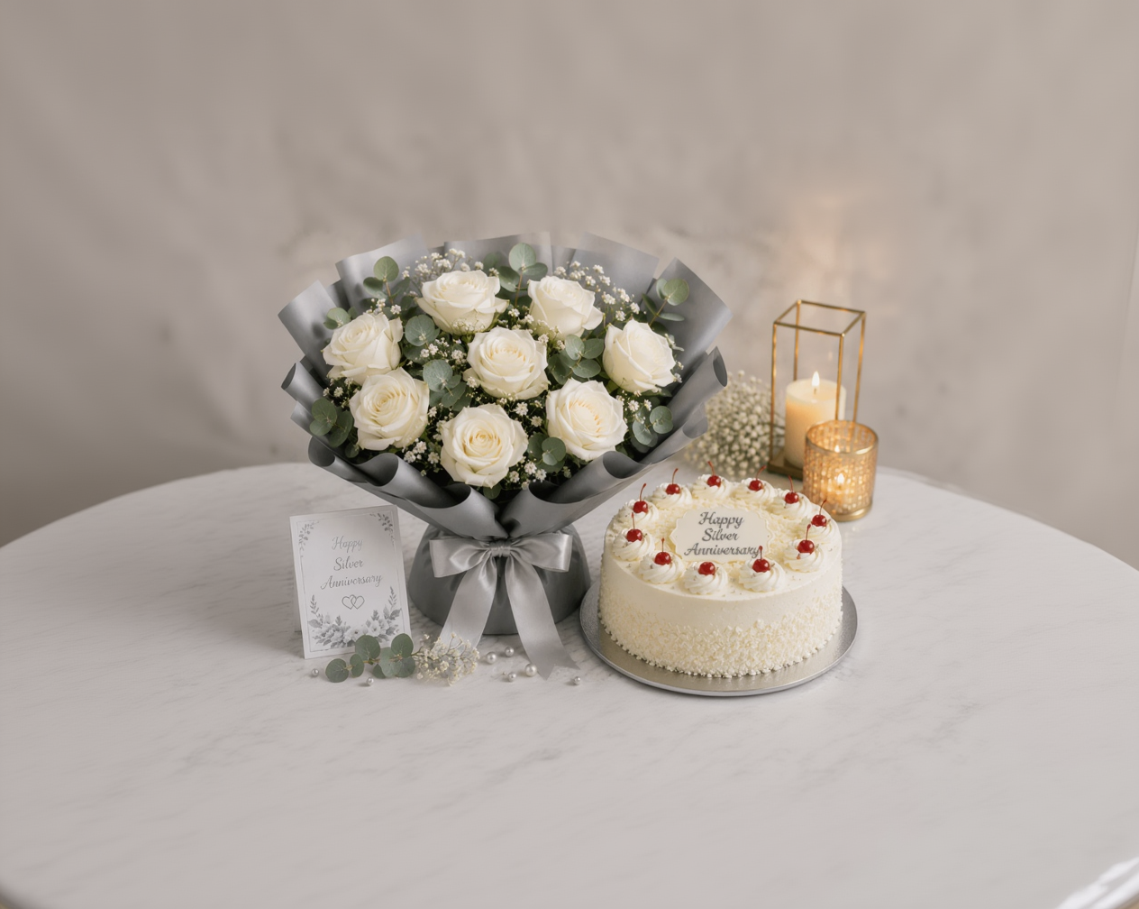 White Roses Bouquet with White Forest Cake