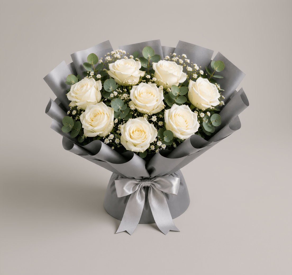 White Roses Bouquet with White Forest Cake