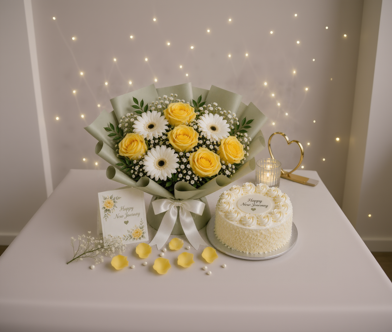 Yellow Roses & White Gerberas White Forest New Journey Celebration Combo