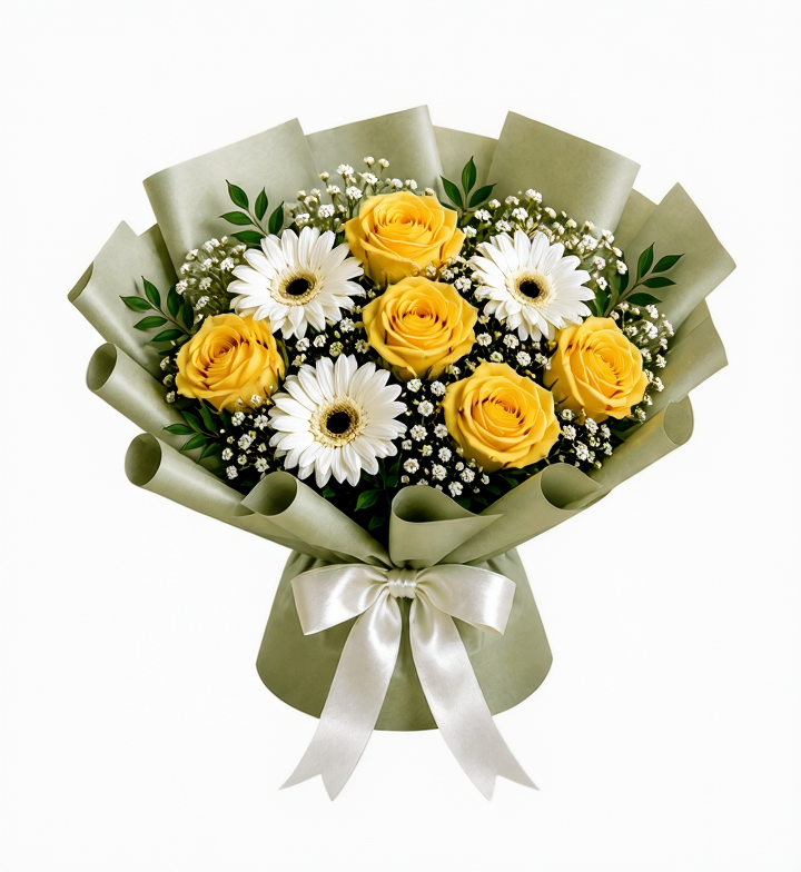 Yellow Roses & White Gerberas White Forest New Journey Celebration Combo