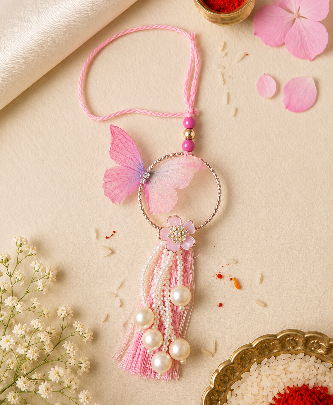 Lavender Butterfly Pearl Lumba Rakhi