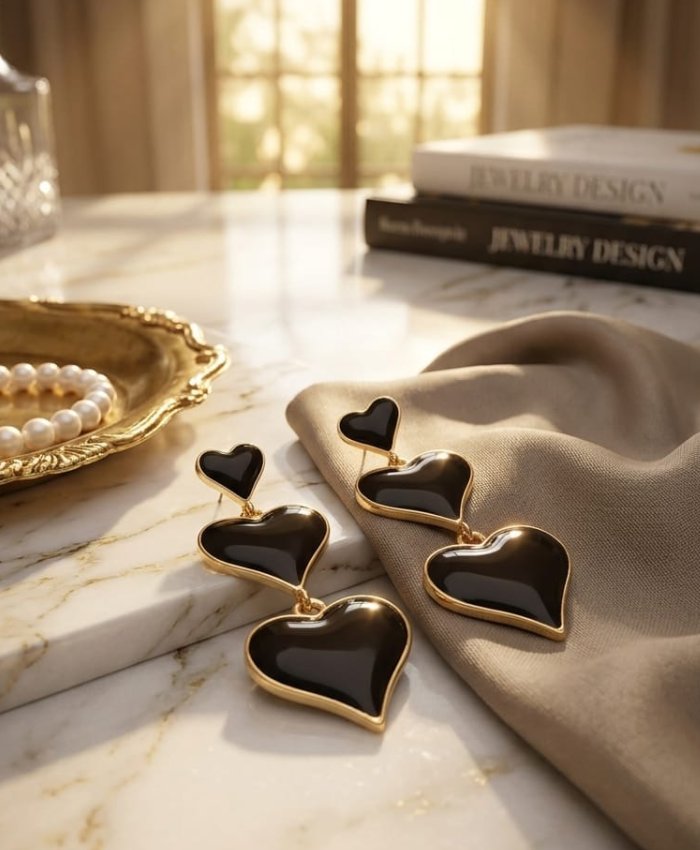 Elegant Black Heart Triple Drop Earrings