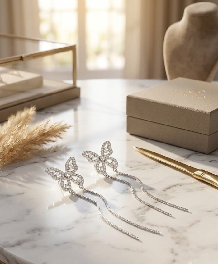 Silver Sparkle Butterfly Drop Earrings