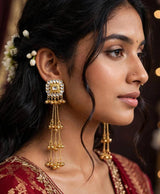 Gold Kundan-Style Long Chain Jhumka Drop Earrings