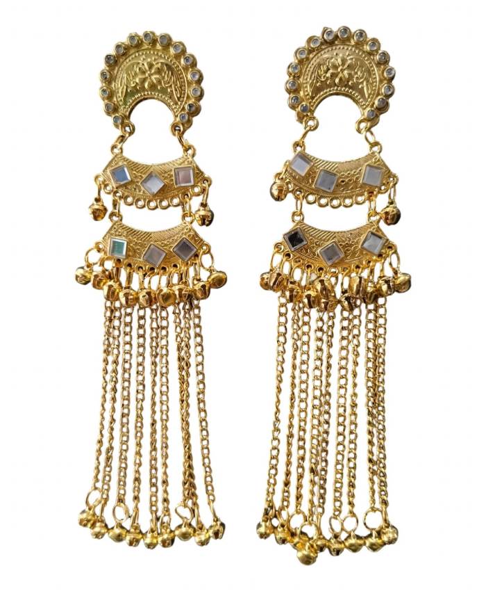 Gold-Tone Long Chain Earrings with Grey Stone Details