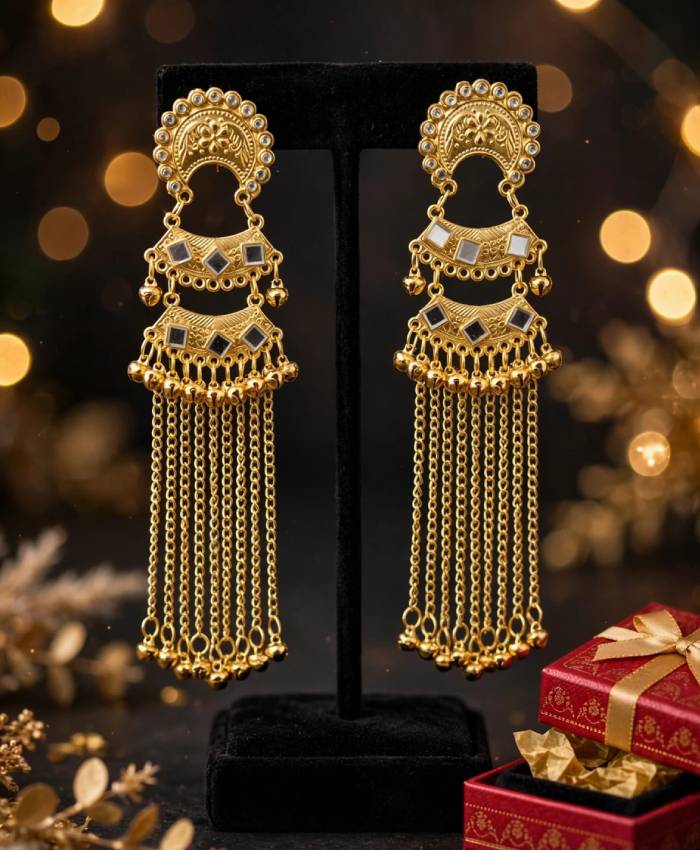 Gold-Tone Long Chain Earrings with Grey Stone Details