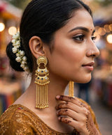 Gold-Tone Long Chain Earrings with Grey Stone Details