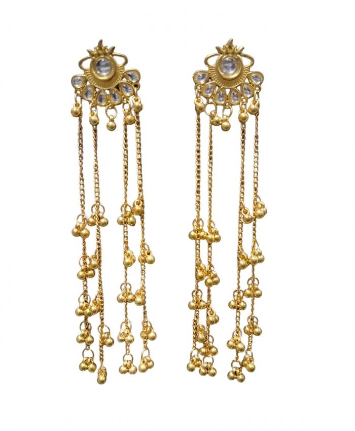 Gold-Tone Long Chain Earrings with Clear Stone Details