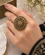 Gold-Tone Oval Floral Statement Ring