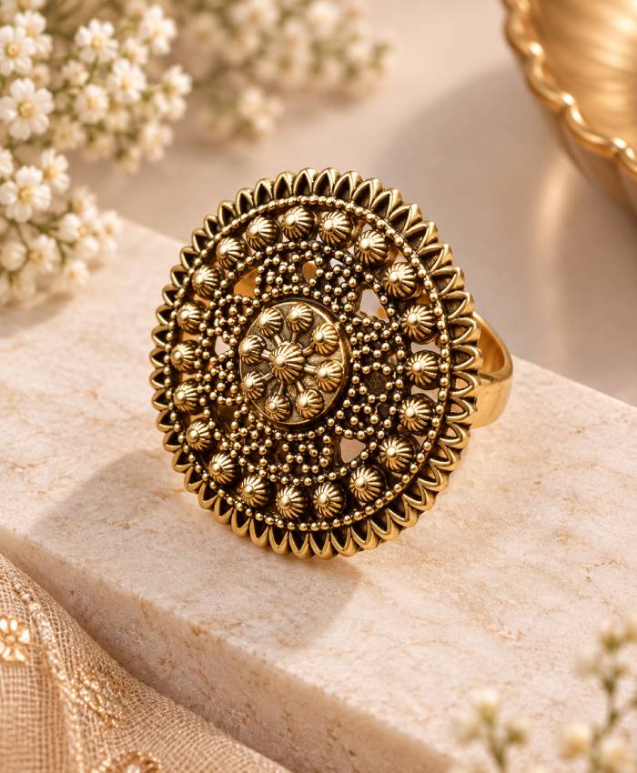 Gold-Tone Oval Floral Statement Ring