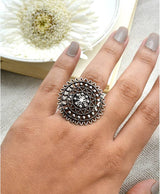 Silver-Tone Oxidised Floral Statement Ring