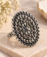 Silver-Tone Oxidised Floral Statement Ring