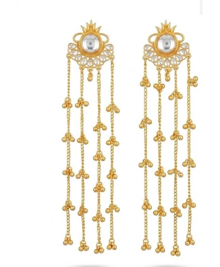 Gold-Tone Long Chain Earrings with Clear Stone Top