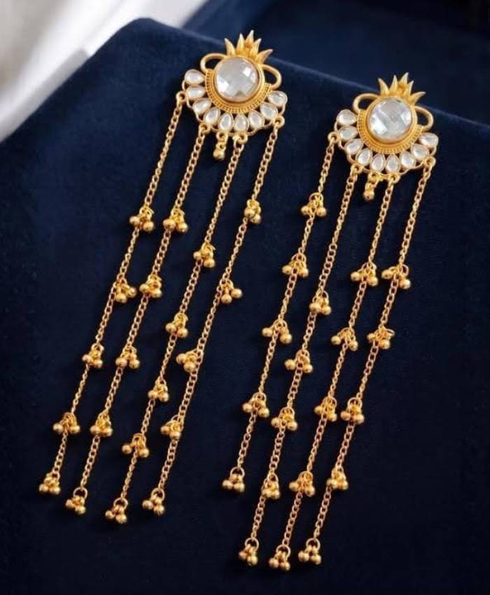 Gold-Tone Long Chain Earrings with Clear Stone Top