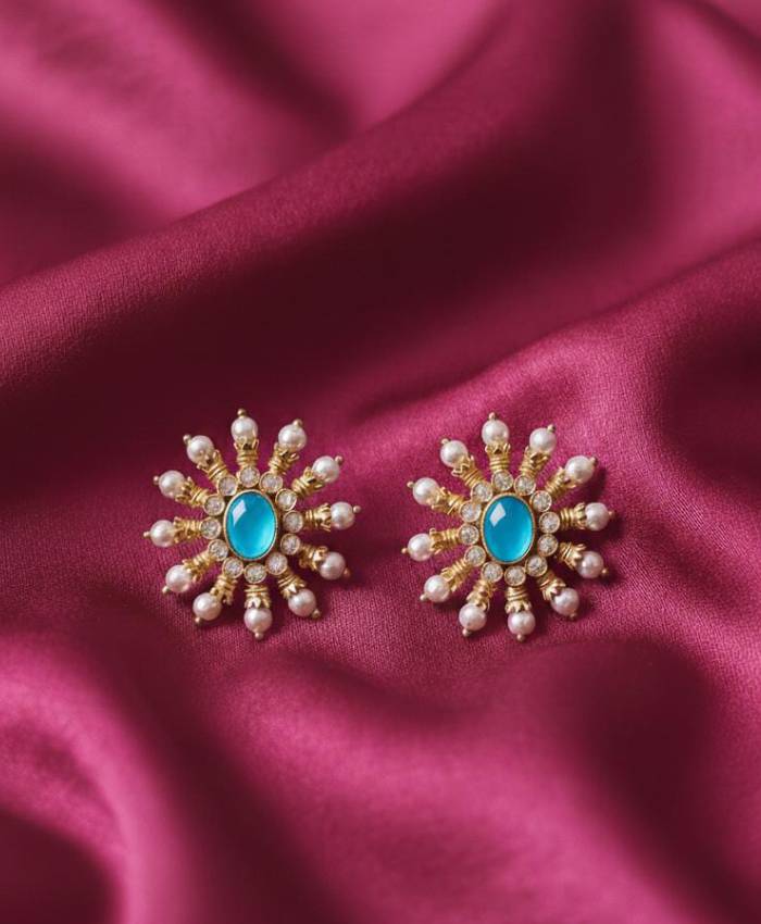 Gold-Tone Floral Stud Earrings with Coloured Stones