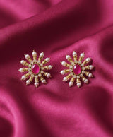 Gold-Tone Floral Stud Earrings with Coloured Stones
