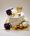 Royal Purple Floral & Gold Spheres Birthday Cake