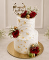 Red Rose & Gold Leaf Two-Tier Vanilla Birthday Cake