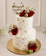 Red Rose & Gold Leaf Two-Tier Vanilla Birthday Cake
