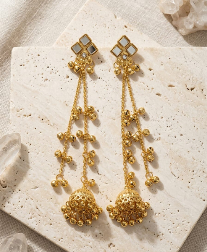 Gold-Tone Long Jhumka Earrings – Mirror Chain