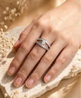 Silver-Tone Double Band Crystal Statement Ring
