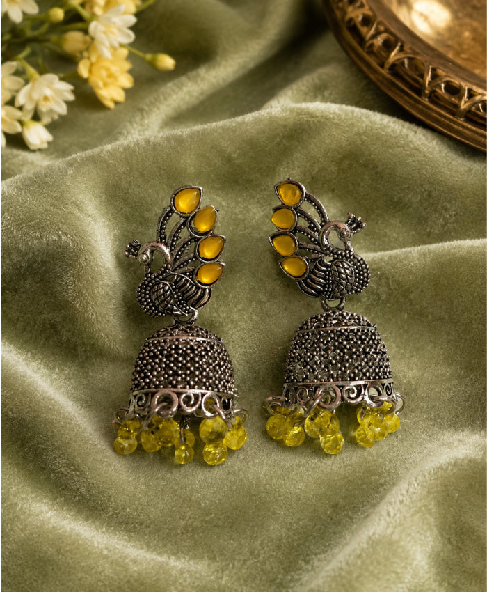 Yellow Peacock Jhumka Earrings