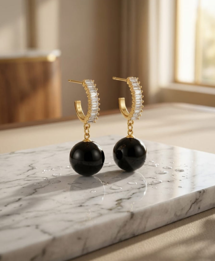 Gold-Tone Crystal Hoop Earrings with Black Beaded Drops