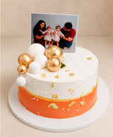 Personalized Family Photo Cake with Gold Spheres & Edible Gold Leaf