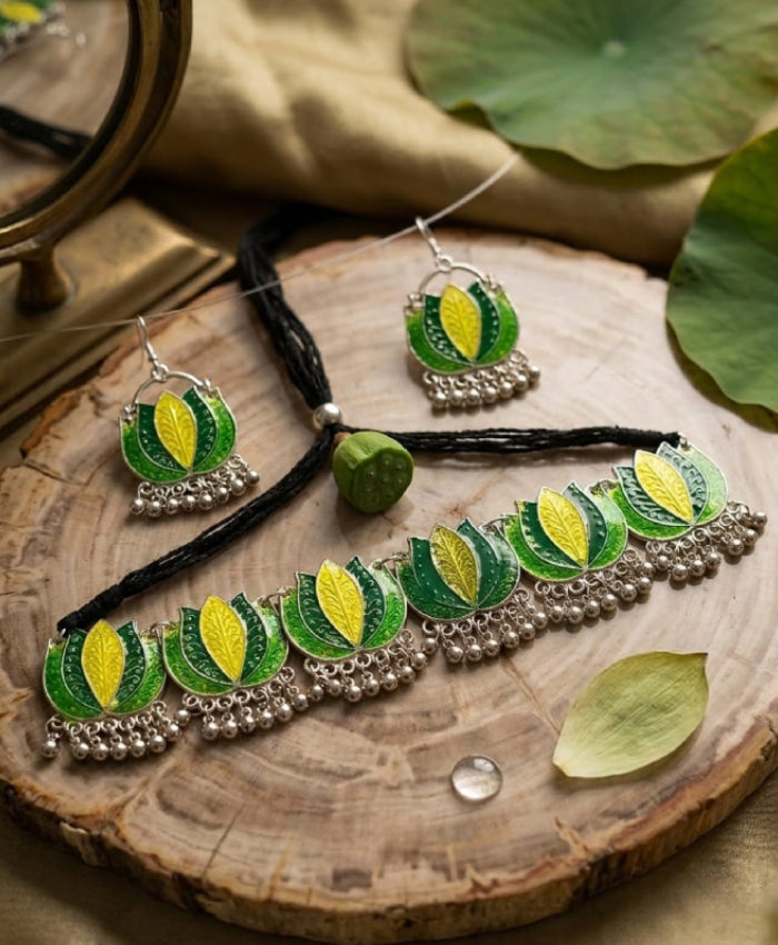 Green Leaf Enamel Jewellery Set
