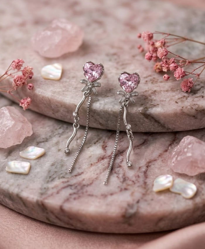 Blush Heart Ribbon Drop Earrings