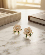 Peach Floral Green Leaf Stud Earrings
