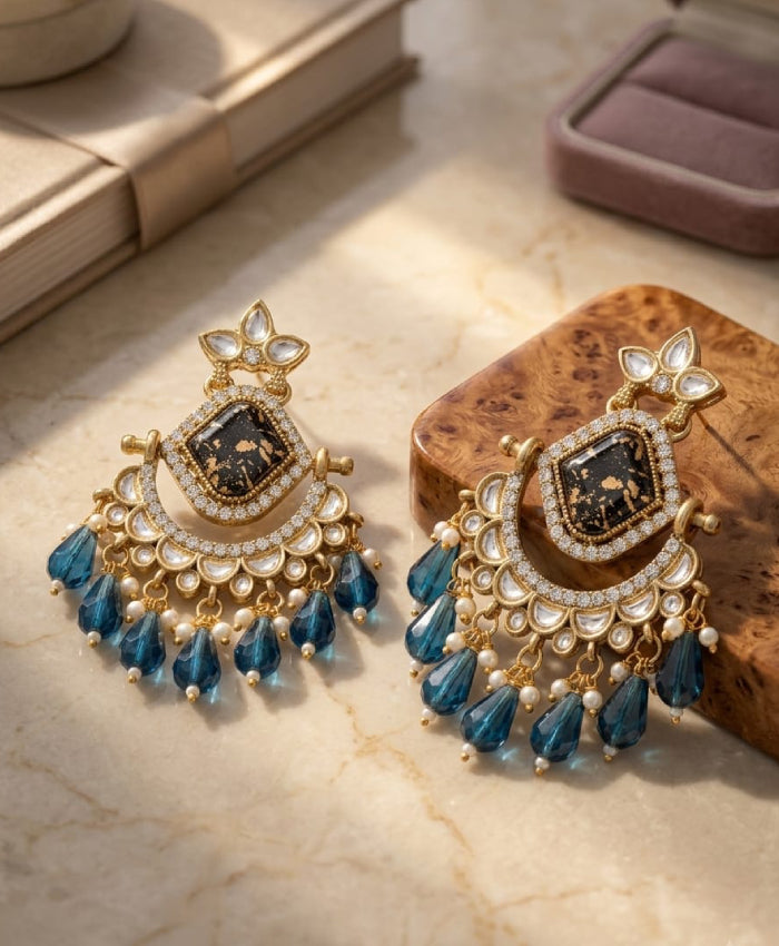 Royal Blue Kundan Chandbali Earrings