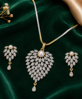Pearl Leaf Pendant Necklace & Drop Earrings Jewellery Set