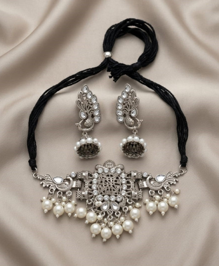 Mayurika Silver Peacock Pearl Necklace Set