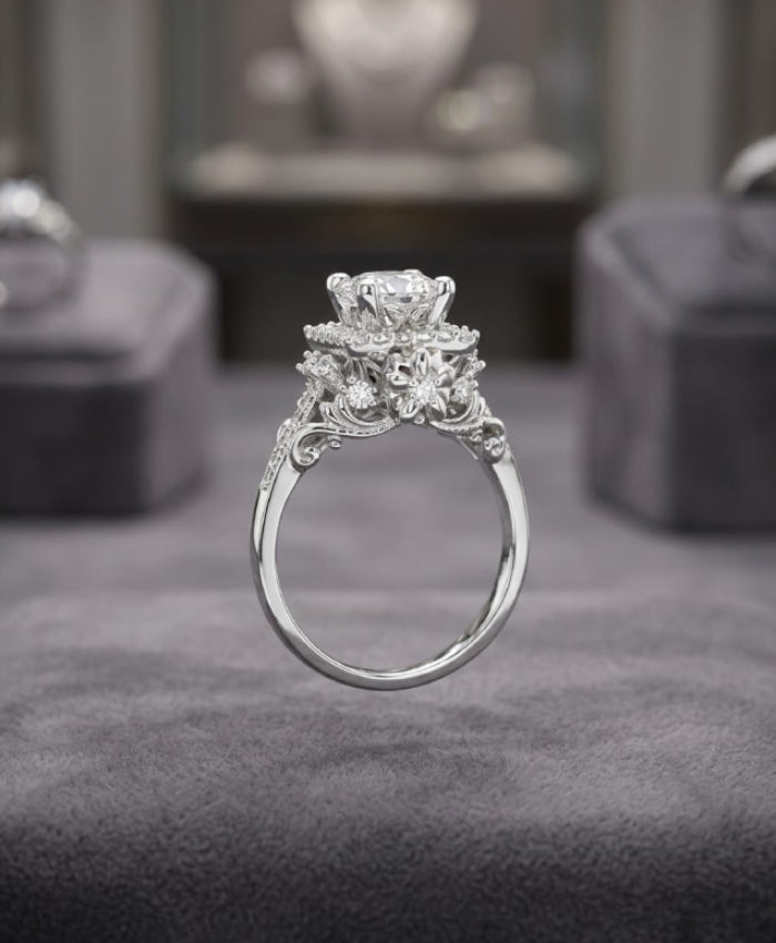 Silver-Tone Floral Crystal Ring