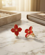 Ruby Red Floral Enamel Stud Earrings