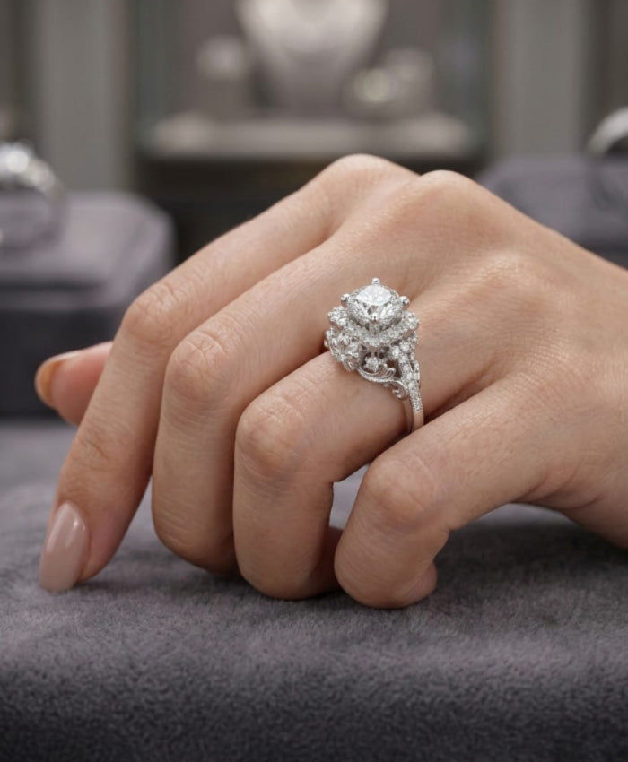 Silver-Tone Floral Crystal Ring