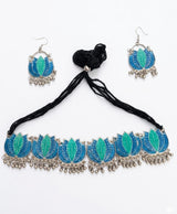 Blue Green Lotus Enamel Jewellery Set