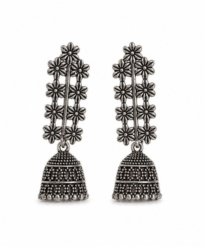 Floral Jhumka Silver Tone Earrings