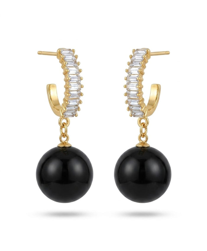 Gold-Tone Crystal Hoop Earrings with Black Beaded Drops
