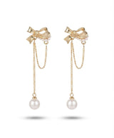 Golden Bow Pearl Chain Drop Earrings