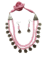 Pink Beaded Floral Tribal Necklace and Earrings Set