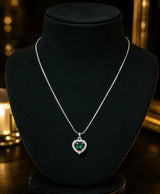 Elegant Emerald Green Heart Pendant Necklace – Silver-Tone Crystal Halo