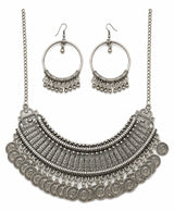 Oxidised Silver Coin Necklace and Earrings Set
