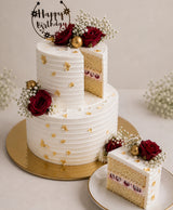 Red Rose & Gold Leaf Two-Tier Vanilla Birthday Cake