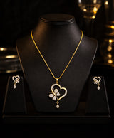 Heart & Floral Gold-Tone Necklace with Matching Earrings