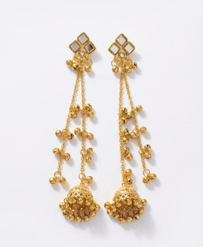 Gold-Tone Long Jhumka Earrings – Mirror Chain