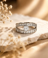 Silver-Tone Double Band Crystal Statement Ring