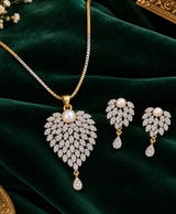 Pearl Leaf Pendant Necklace & Drop Earrings Jewellery Set