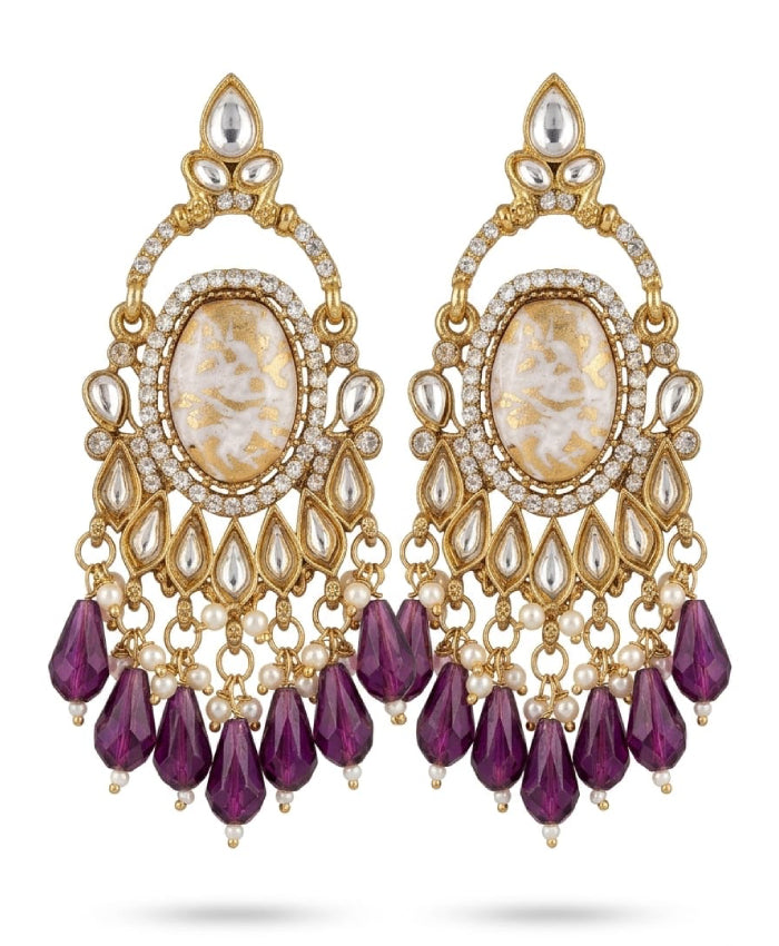 Gold-Tone Purple Beaded Kundan Style Chandbali Earrings